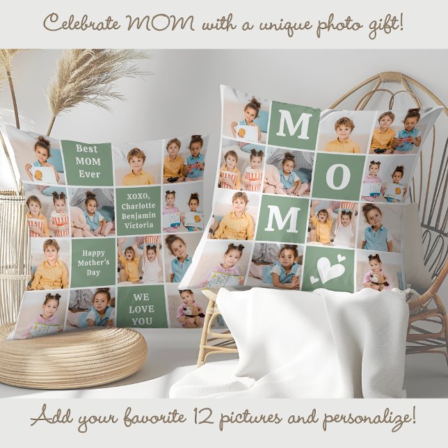 Coussin MOM Personnalisé 12 Photo Collage Fête des Mères (Créateur téléchargé)