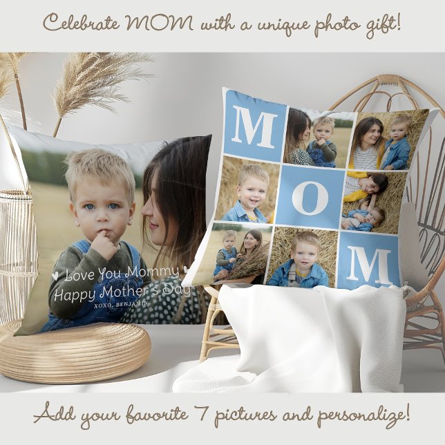 Coussin MOM Personnalisé 7 Photo Collage Fête des Mères (Créateur téléchargé)