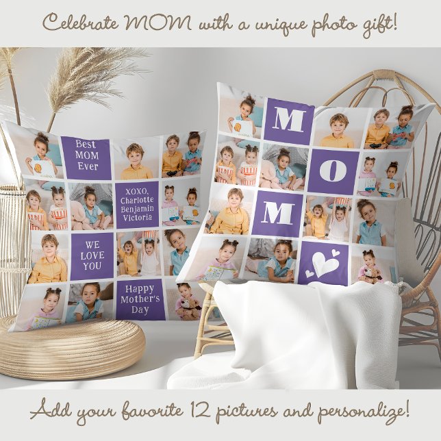 Coussin MOM tendance Personnalisé 12 Photo Collage Purple (Créateur téléchargé)