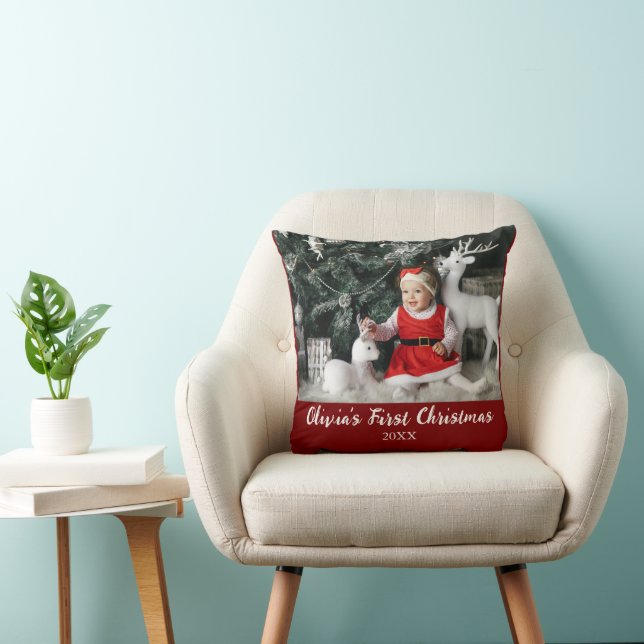 Coussin Mon premier Noël Baby Custom Photo Script Simple (Chaise)