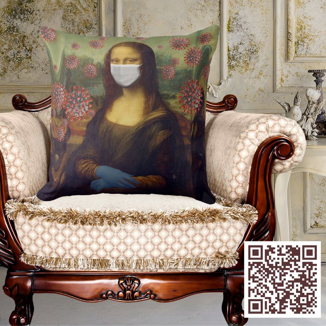 Coussin Mona Lisa Masquée Jouer En Sécurité Autour De Coro (Masked Mona Lisa Playing Safe Around Coronavirus Throw Pillow)