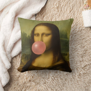 Coussin Mona Lisa soufflant de bulle rose