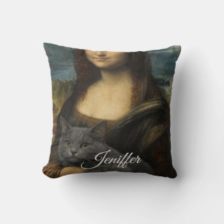 Coussin Mona Lisa tenant un élégant chat gris             