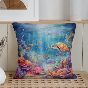 Coussin Monde sous-marin d'été à l'aquarelle