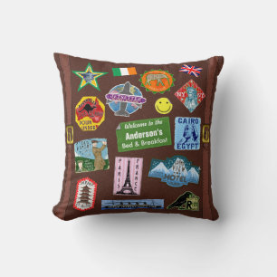 Coussin Monde Voyage Vintage Sticker valise Drapeau