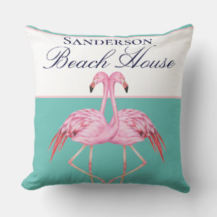 Coussin Monogram Beach House Flamants roses Turquoises ble