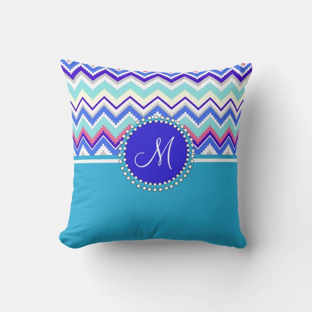 Coussin Monogram Blue Aztec Andes Chevron Zig Zags (Recto)