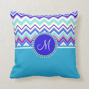 Coussin Monogram Blue Aztec Andes Chevron Zig Zags