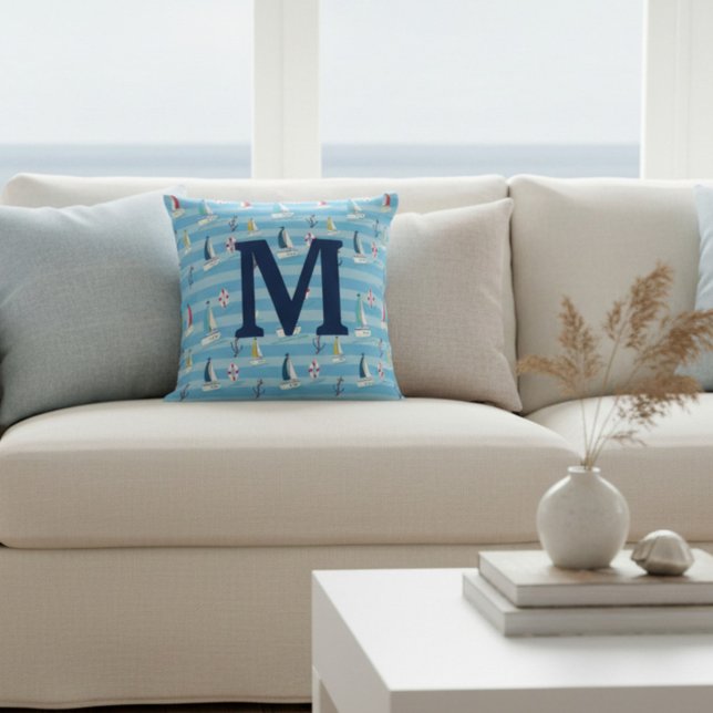 Coussin Monogram Blue Nautical Sailboat and Anchor (Créateur téléchargé)
