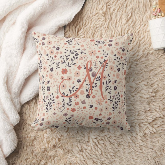 Coussin Monogram Boho Rose Pâle Beige Corail Fleur Sauvage (Couverture)