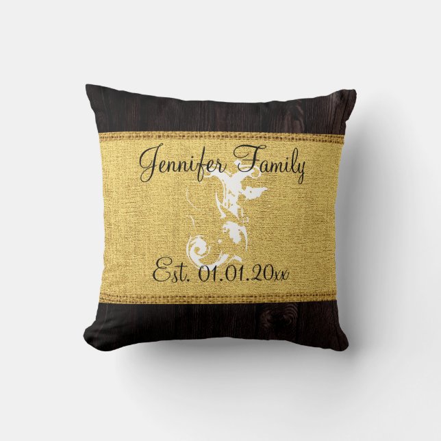 Coussin Monogram Gold Russe Burlap Linge en bois Look (Recto)