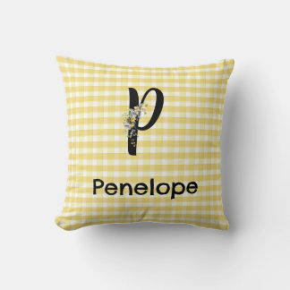 Coussin Monogram initial watercolor flower gingham pattern