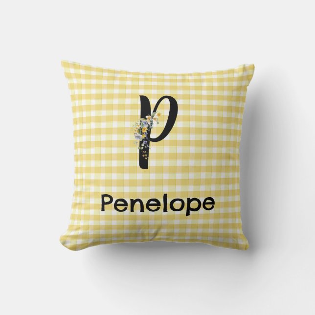 Coussin Monogram initial watercolor flower gingham pattern (Recto)