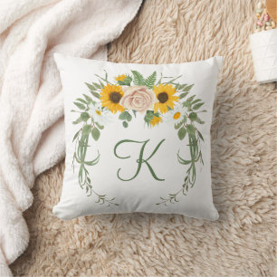Coussin Monogram Roses Tournesol Feuillage Floral Botaniqu