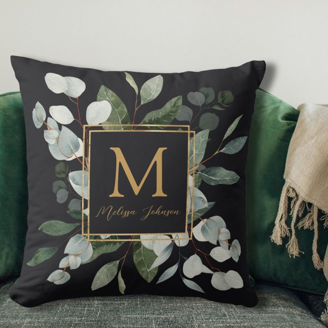 Coussin Monogram Watercolor Tropical Green Leaves Black (In situ)