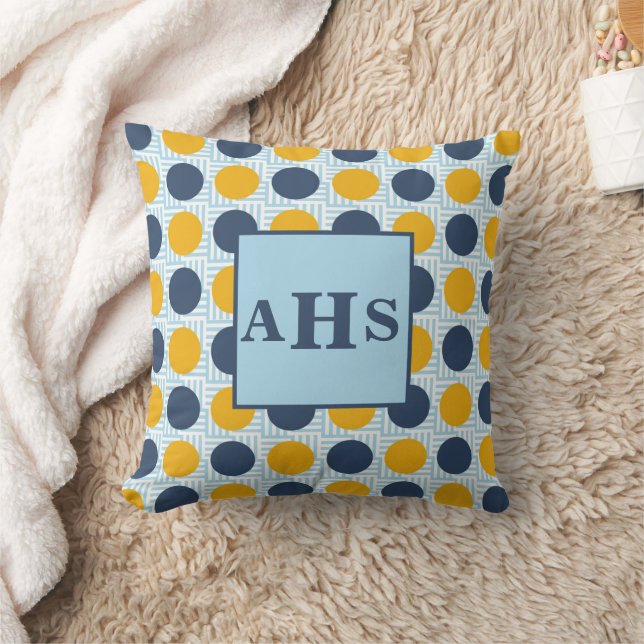 Coussin Monogramme 3 Initiales Points Jaunes Bleus (Couverture)