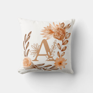 Coussin Monogramme A, couleurs automnales florales, bruns