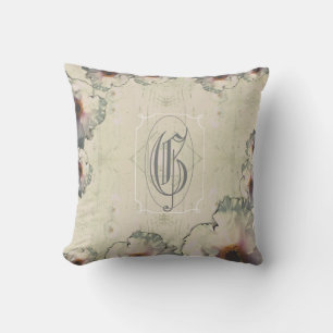 Coussin Monogramme à grains de bois anciens avec pivoines