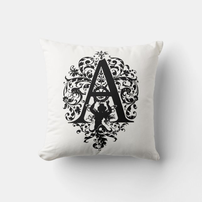 Coussin Monogramme A Modèle floral noir et blanc initial (Recto)