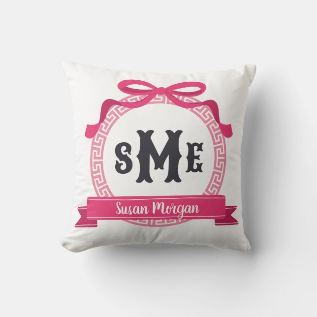 Coussin Monogramme à nœud à clé grecque rose vif (Recto)