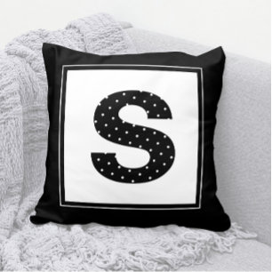 Coussin Monogramme à points polka en noir et blanc