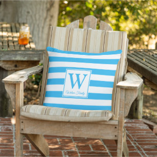 Coussin Monogramme à rayures bleu clair