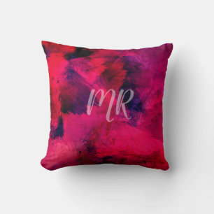 Coussin Monogramme Abstrait Aquarelle Rose Rouge Violet