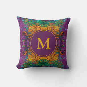Coussin Monogramme abstrait jaune vert violet