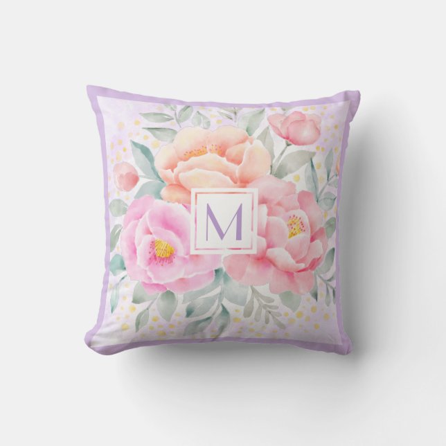 Coussin Monogramme Aquarelle pivoines Roses rose Floral Bo (Recto)