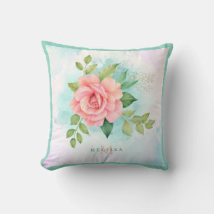 Coussin Monogramme Aquarelle Turquoise Ombre Rose rose