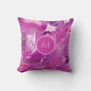 Coussin Monogramme Art Abstrait Purple Pinceau rose