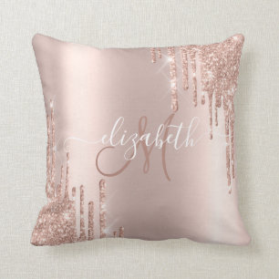 Coussin Monogramme aux Gouttes de Paillettes Or Rose Éléga