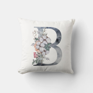 Coussin Monogramme B initiale B, aquarelle bleu pêche rose