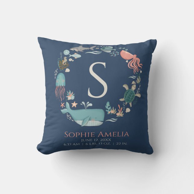 Coussin Monogramme bébé Statistiques de naissance bleu sou (Recto)