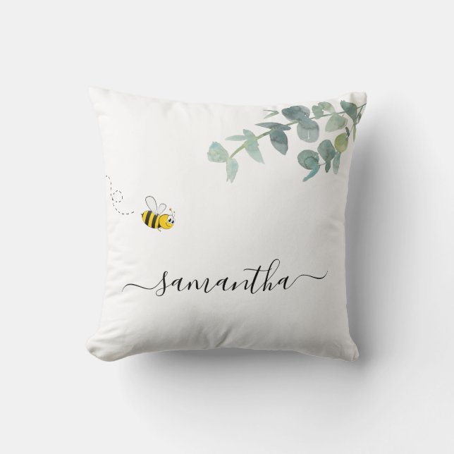 Coussin Monogramme blanc de la verdure de l'eucalyptus (Recto)