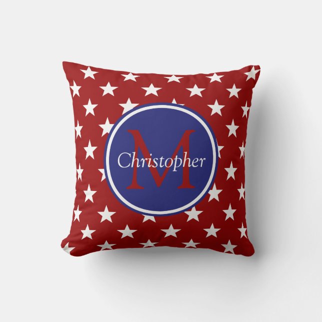 Coussin Monogramme blanc rouge nautique d'étoiles bleues (Recto)