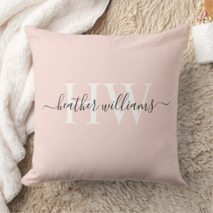 Coussin Monogramme blanc uni rose pâle clair personnalisé