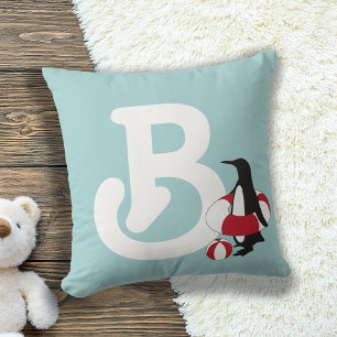 Coussin Monogramme bleu clair manchot mignon dessin animé 