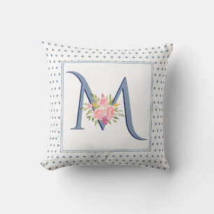 Coussin monogramme bleu Dusty, rose et pois