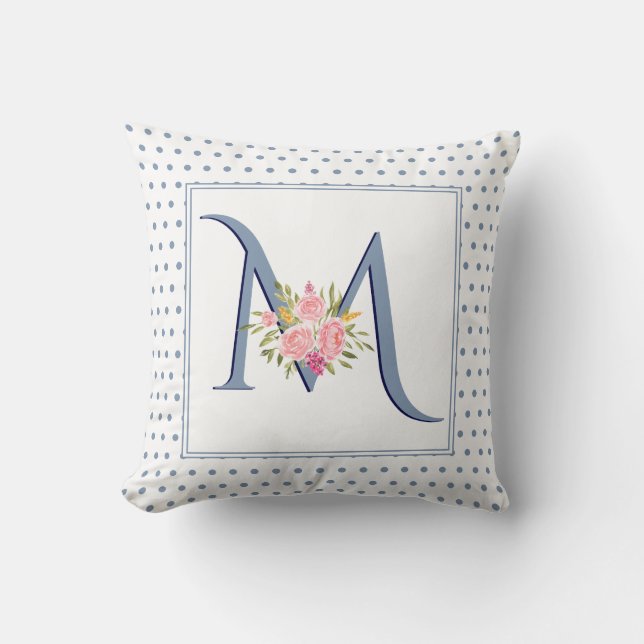 Coussin monogramme bleu Dusty, rose et pois (Recto)