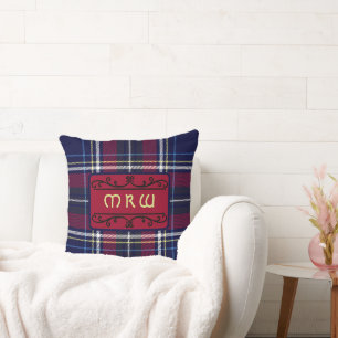 Coussin Monogramme bleu rouge Tartan en Police de Lion cel