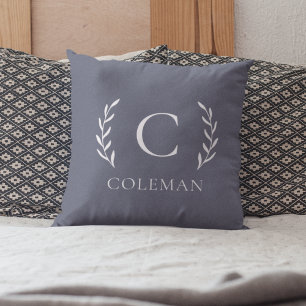 Coussin Monogramme bleu rustique Nom initial Intérieur Ext