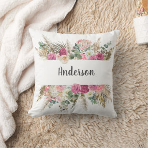 Coussin Monogramme Boho Rose Floral Herbe de Pampas Botani