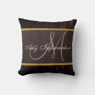 Coussin Monogramme bois look Brown Burlap Rustique