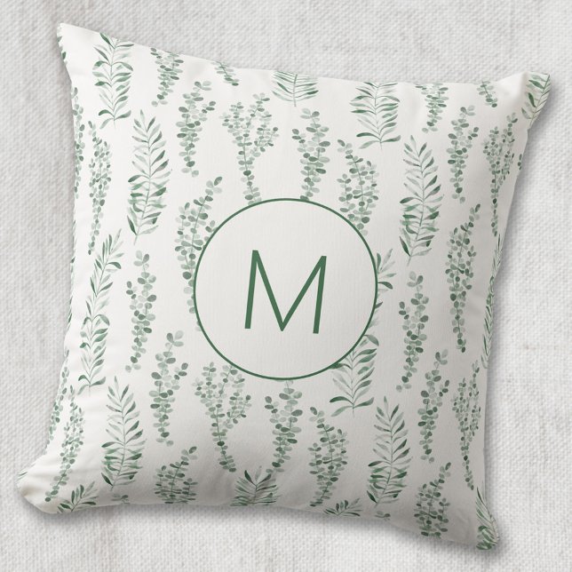 Coussin Monogramme Botanique Aquarelle Verdure Feuilles (Créateur téléchargé)