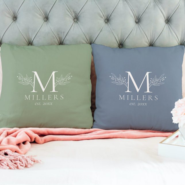 Coussin Monogramme botanique blanc minimaliste (Créateur téléchargé)