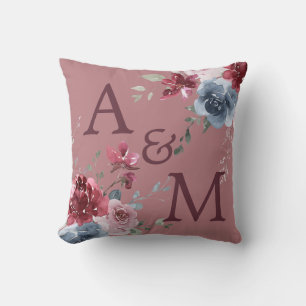 Coussin Monogramme Bourgogne Initiales Dusty Rose Bleu Flo