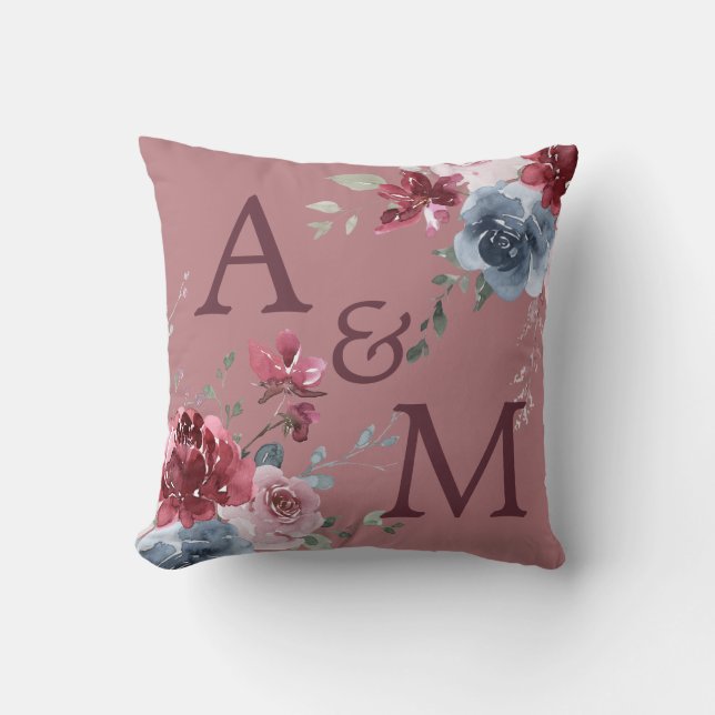 Coussin Monogramme Bourgogne Initiales Dusty Rose Bleu Flo (Recto)
