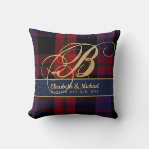 Coussin Monogramme BROWN Tartan bleu rouge Mariage des jeu