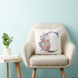 Coussin Monogramme C Fleurs Aquarelle Bleu Rose Pêche